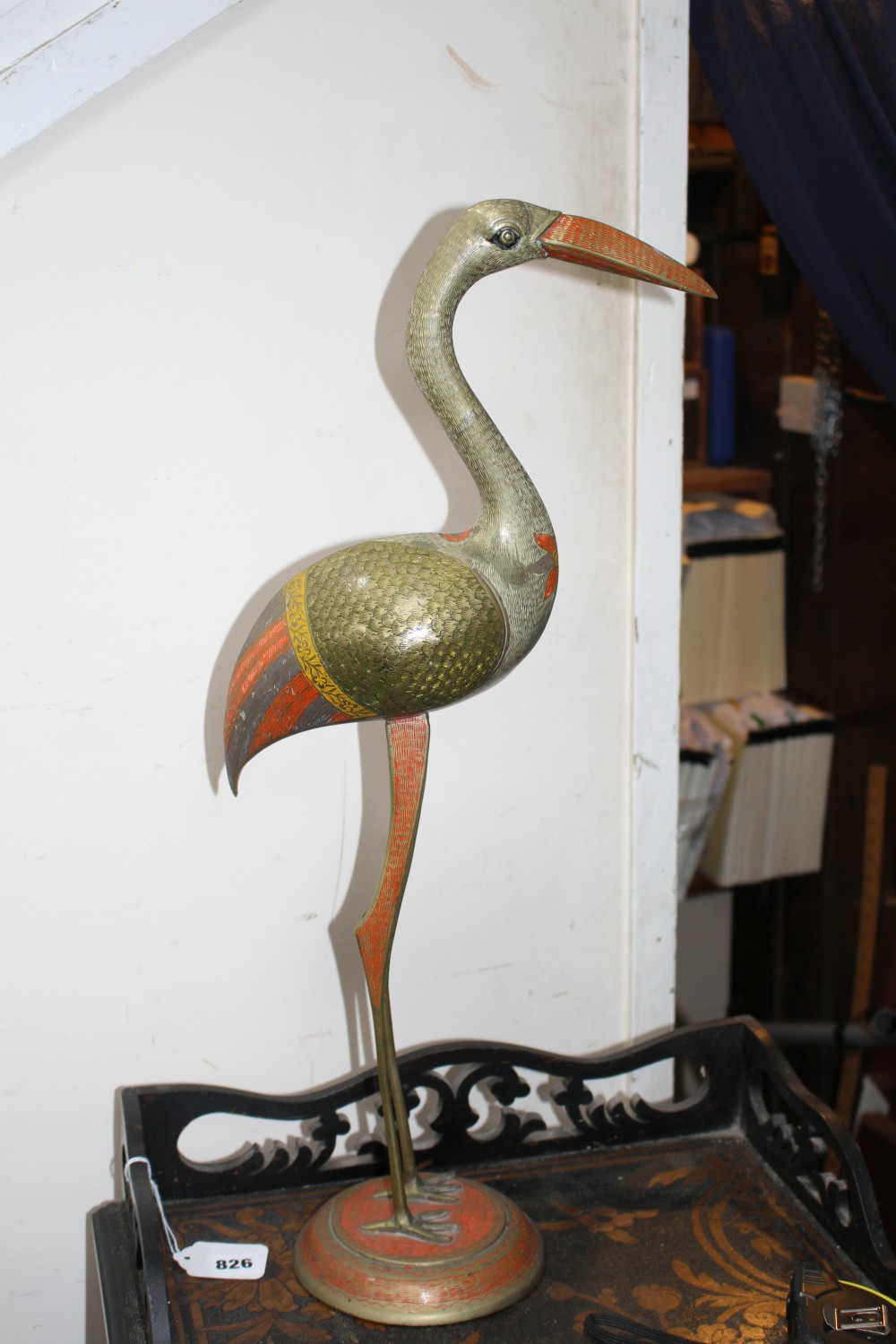 A Benares enamelled brass model of a wading bird, height 62cm